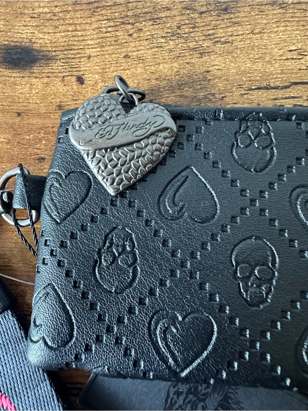 Ed Hardy Black Embossed Heart & Skull Wallet Pouch with Embroidered Wristlet NWT